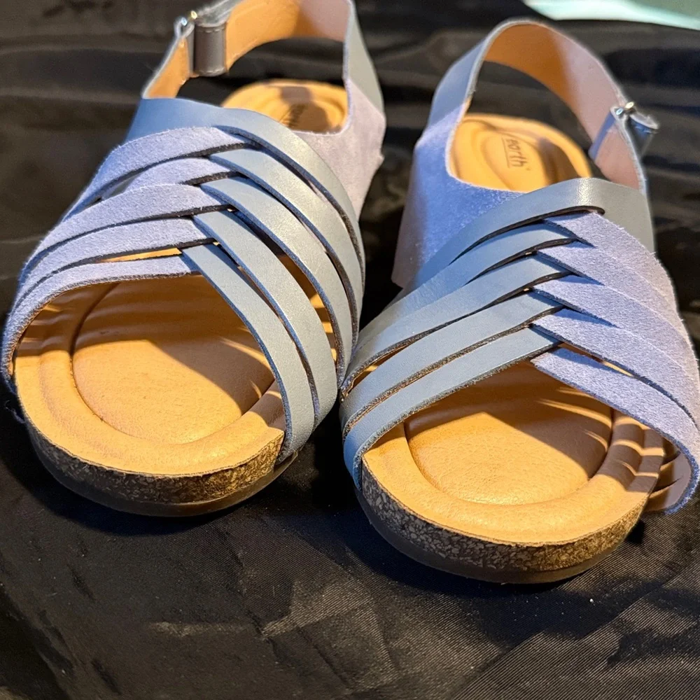 Hartie Round Toe Stacked wedge Heel Dress Sandals blue suede size 8.5 NWOT